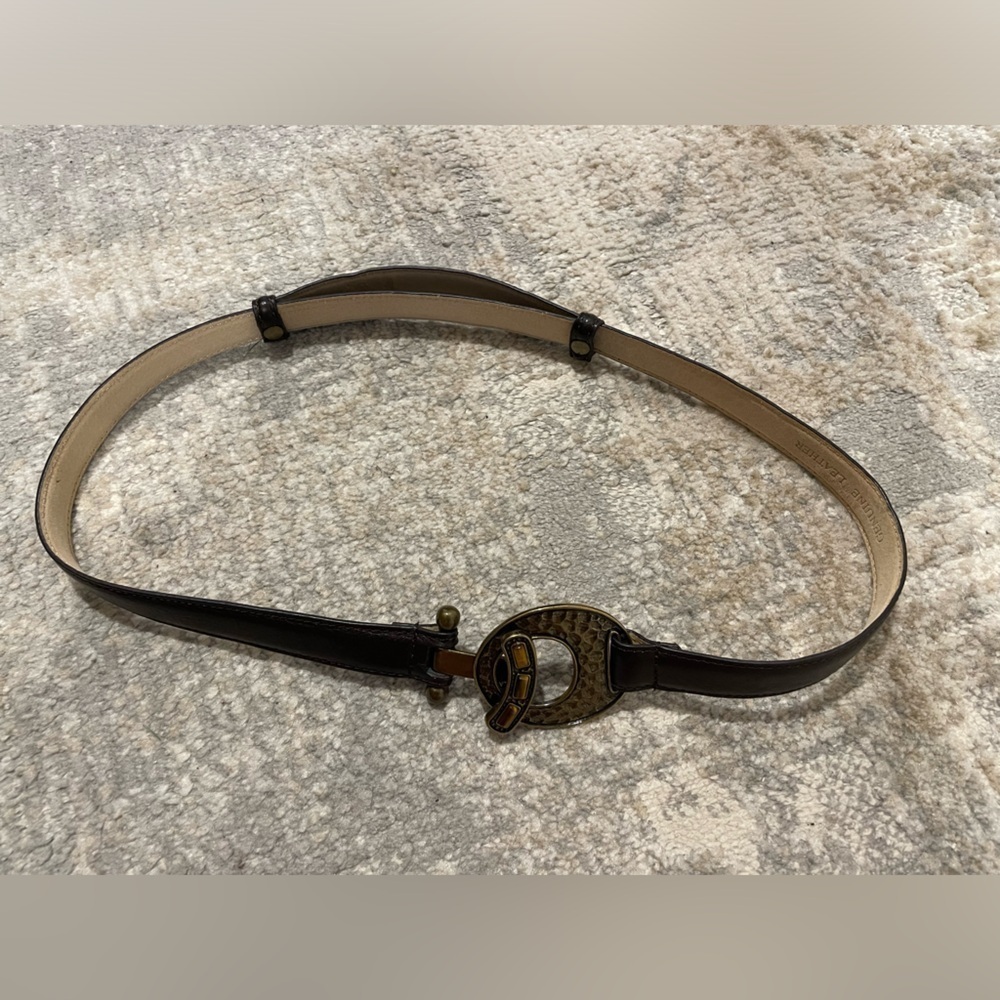Chicos Vintage Belt M/L Brown Genuine Leather Beaten Gold Buckle Adjustable Rare